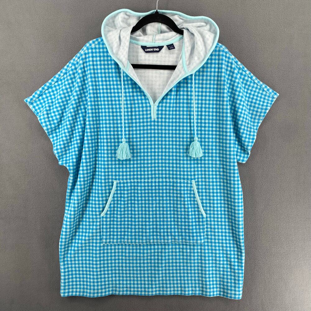 Lands End Petite Hooded Terry V Neck Swim Cover Up Dress Womens SP MP Blue Plaid